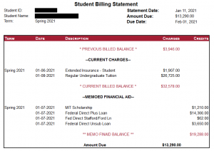 An example of an undergraduate bill with a previous balance.